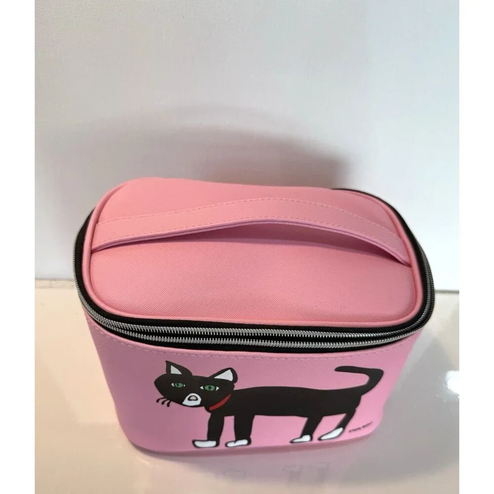 Marc Tetro Black Cat Cosmetic Makeup Bag Pink Retro Travel Zippered Kitten